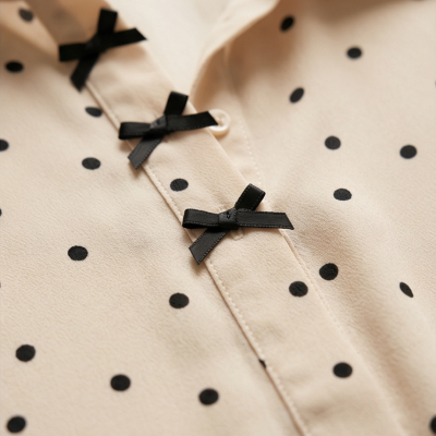 Blusa bege com bolinhas pretas e laços pretos