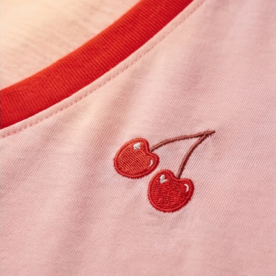 Tecido rosa com bordado de cerejas vermelhas e gola laranja em algodão.