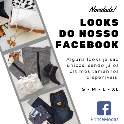 Vários conjuntos de roupas femininas com acessórios dispostos sobre fundo cinza com texto promocional em português