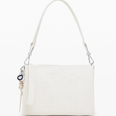 Mala de ombro branca com bordado floral em relevo e alça removível.