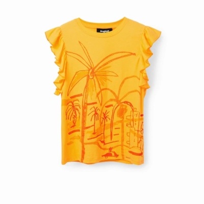 T-shirt amarela com estampado de palmeiras e folhos nas mangas
