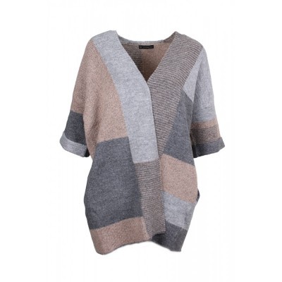 Cardigã malha castanho e cinza com mangas curtas