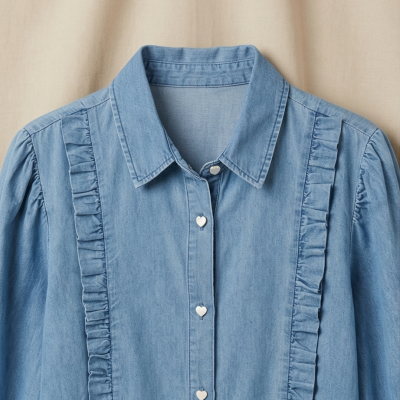 Camisa de ganga azul clara com botões em forma de coração e folhos verticais