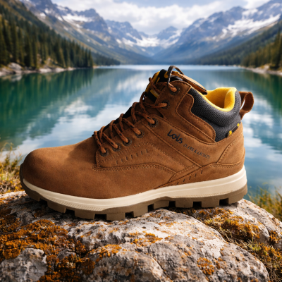 Bota castanha de caminhada em camurça sobre uma rocha junto a um lago de montanha