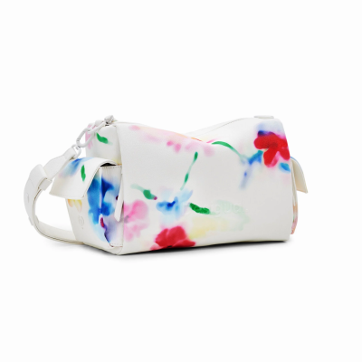 mala branca com padrão floral abstrato colorido