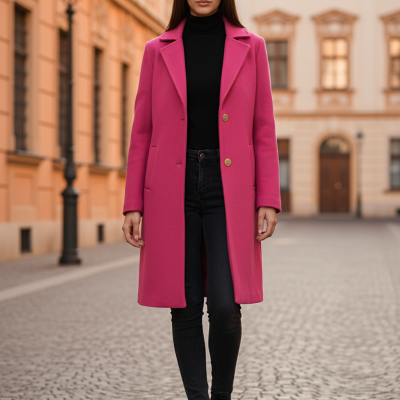 Mulher a usar casaco rosa comprido, camisola preta de gola alta, jeans pretos e botins pretos numa rua urbana.