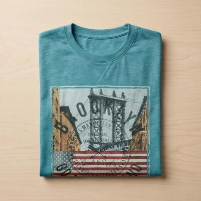 T-shirt azul com estampa de ponte e bandeira dos EUA