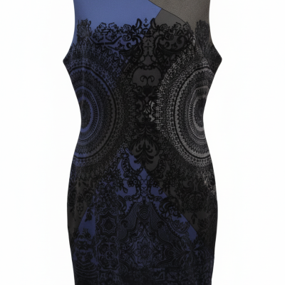 Vestido sem mangas com padrão circular preto sobre azul e cinzento