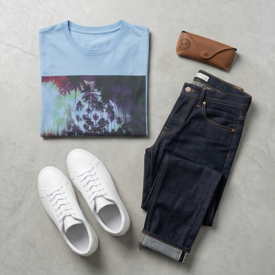 Conjunto de roupa com t-shirt azul, ganga azul e ténis brancos numa superfície cinza