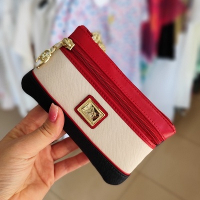 Carteira pequena tricolor com zíper e placa dourada