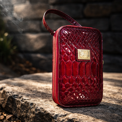 Bolsa de mão vermelha com padrão de pele e placa dourada sobre pedra