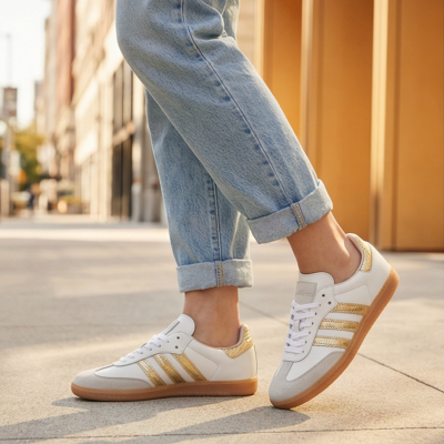 Ténis brancos com riscas douradas e sola castanha usados com jeans azuis