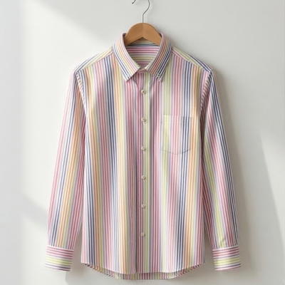 Camisa riscada colorida de manga comprida pendurada num cabide