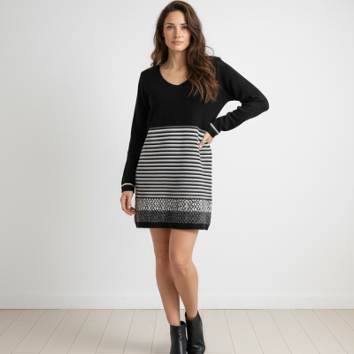 Vestido de malha preto e branco com riscas, usado por mulher com botins pretos