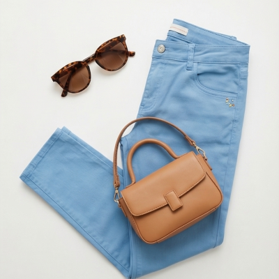 Calças azuis, óculos de sol castanhos e mala castanha de mão sobre fundo branco