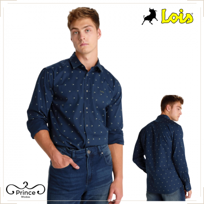 Camisa azul escura masculina com pequenos desenhos claros e logo Lois no peito, vista frente e costas