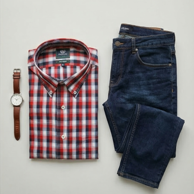 Conjunto de camisa xadrez, jeans escuros e relógio com correia castanha em fundo claro