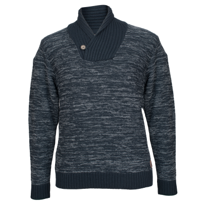 Camisola de malha cinza e preta com gola xale e botão