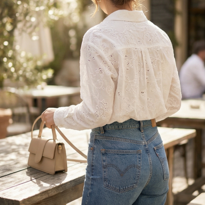 Mulher de costas vestindo blusa branca bordada e calças de ganga, segurando mala bege sobre mesa de madeira ao ar livre.