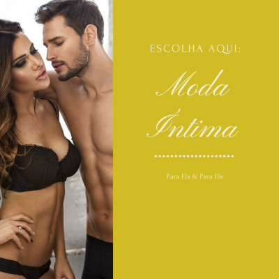 Casal com roupa interior preta ao lado de texto promocional em painel amarelo