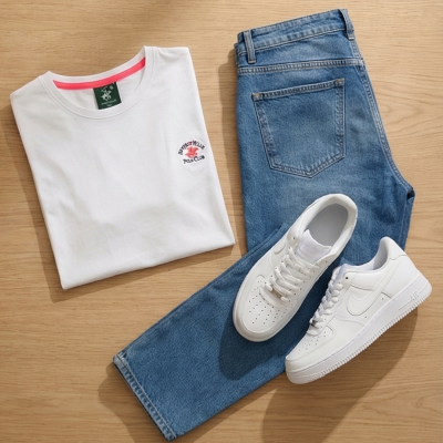 T-shirt branca, jeans azuis e ténis brancos em fundo de madeira clara