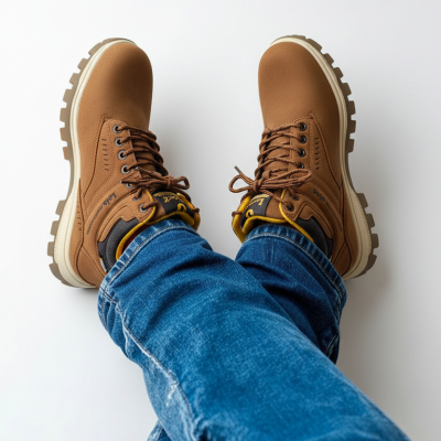 Botas castanhas com atacadores castanhos e detalhes amarelos e pretos, vestidas com calças de ganga azuis.