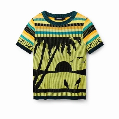 Camisola de malha com padrão colorido e desenho de pôr do sol