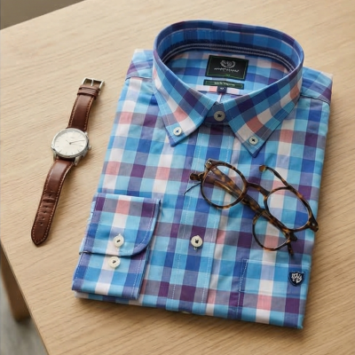 Camisa de homem dobrada xadrez com óculos e relógio sobre mesa de madeira