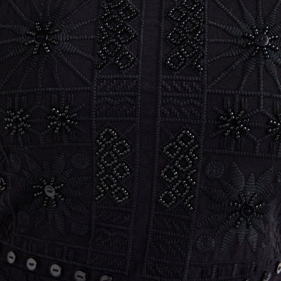 Detalhe de tecido bordado preto com padrões florais e contas pretas
