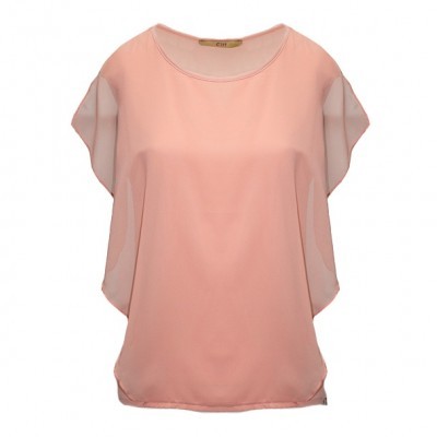 T-shirt feminina cor-de-rosa com mangas curtas largas e decote redondo