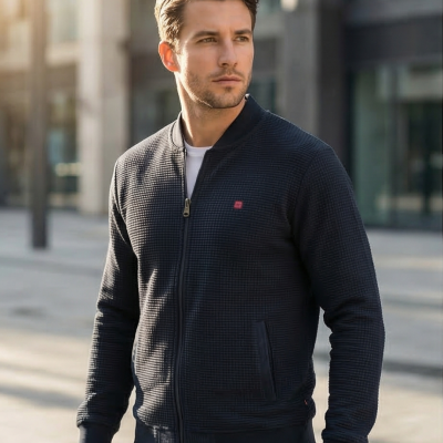 Homem com casaco azul escuro texturizado ao ar livre em ambiente urbano