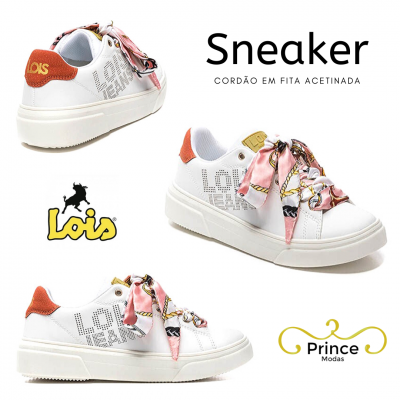 Ténis brancos Lois com atacadores em fita acetinada rosa