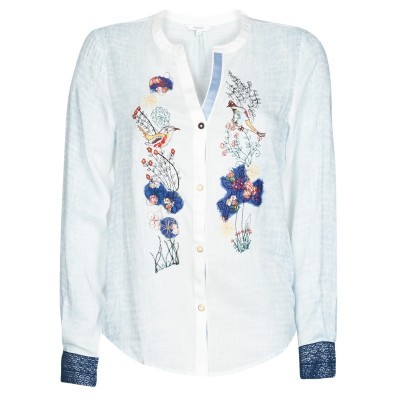 Blusa feminina branca com bordados florais e pássaros, mangas longas e punhos rendados azul escuro