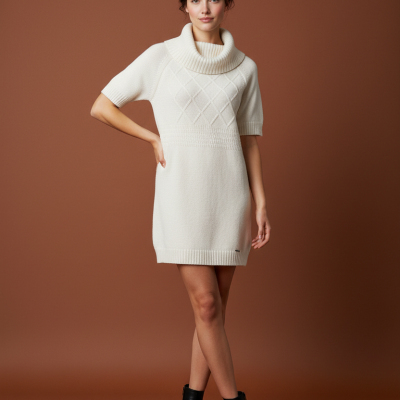 Vestido de malha branco de gola alta e botins pretos em fundo castanho