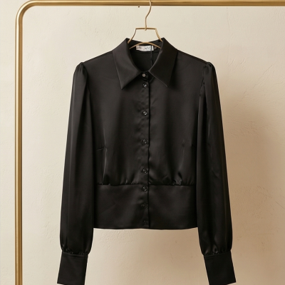 Blusa preta acetinada com botões e gola pontiaguda num cabide dourado.