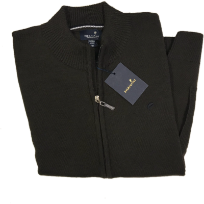 Camisola castanho escuro de malha fina com fecho de correr e etiqueta PIEDMONT