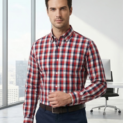 Homem a usar camisa xadrez vermelha, branca e azul em escritório moderno