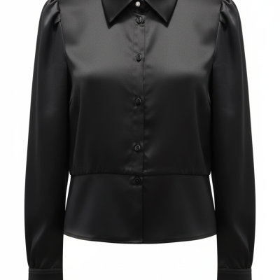 Blusa feminina preta acetinada com botão e gola