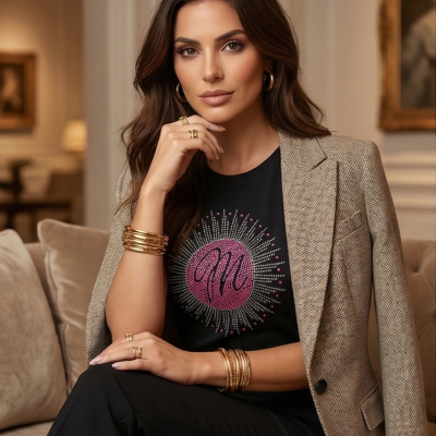 Mulher sentada com t-shirt preta e blazer bege, com acessórios dourados