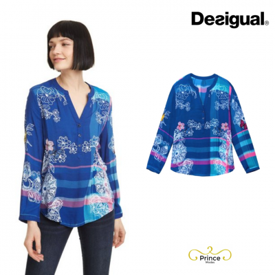 Blusa Desigual azul com padrão floral e riscas, mangas compridas
