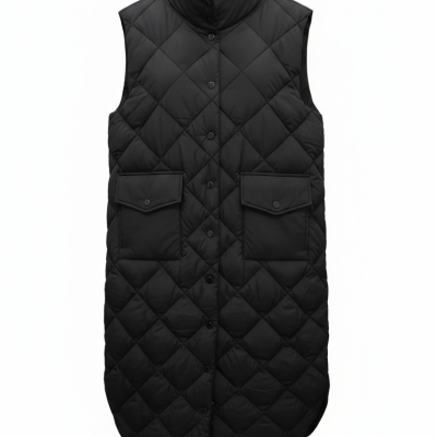 Colete preto matelassê feminino com gola alta e bolsos frontais