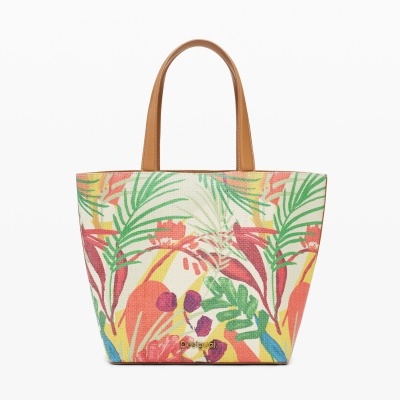 Mala tote colorida com padrão tropical e alças castanhas