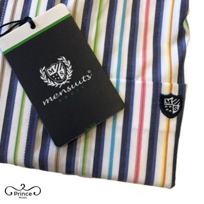 Camisa masculina de riscas coloridas com etiqueta e bordado