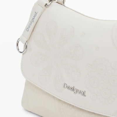 Mala branca em pele com padrão floral gravado e logo Desigual em metal prateado