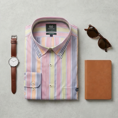 Camisa de algodão com riscas coloridas, relógio de pulso, óculos de sol e caderno castanho num fundo cinza.