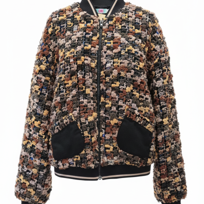 Casaco bomber felpudo multicolorido com bolsos pretos