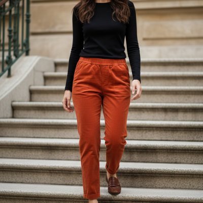 Mulher vestindo camisola preta, calças castanhas e sapatos castanhos a descer escadas