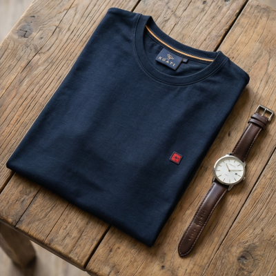 T-shirt azul escura com relógio de pulso castanho sobre mesa de madeira