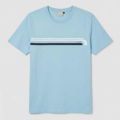 T-shirt azul clara com linhas horizontais brancas e pretas e texto C117 no peito