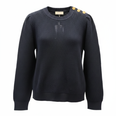 Camisola azul escuro com botões dourados no ombro